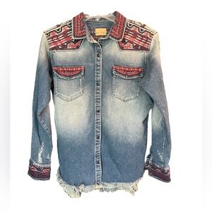 EUC Driftwood Classic Fit Jean Jacket/Shirt With Embroidered Pattern Size M